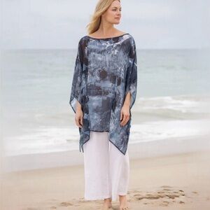 Bryn Walker Abstract Blue Brushstroke Semi-Sheer Poncho Lagenlook Top Sz XL🧡